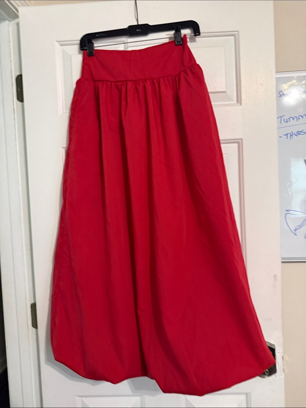 Red Parachute skirt with gathered elastic hem